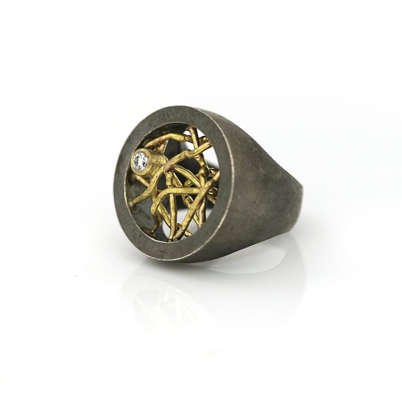 zilveren ring met gouden draden en diamant 10pts BE.U.rzgd.0008